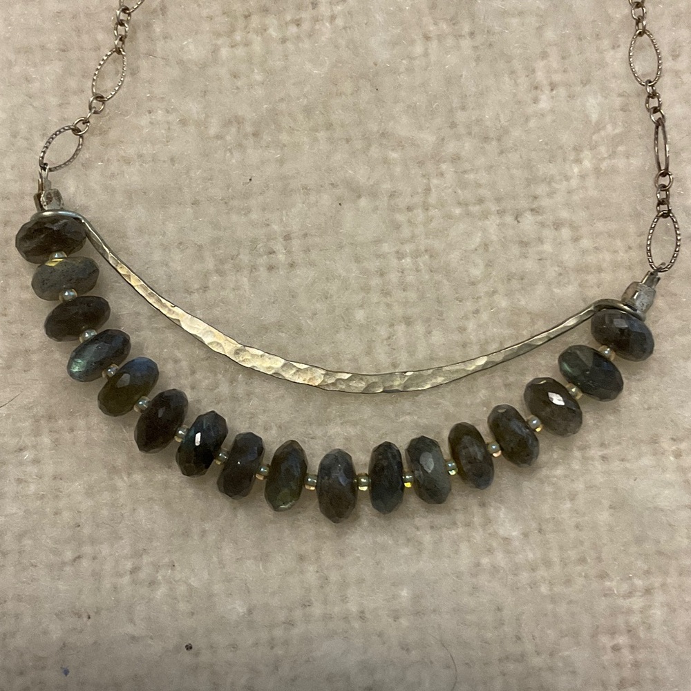 Silver Bar Necklace with grayish quartz Beads 18” with extension possible.